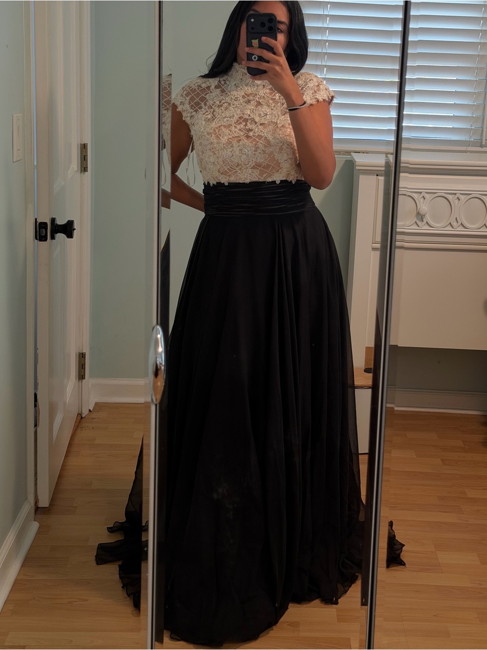 Mac Duggal Black & Ivory Lace Top Prom Gown